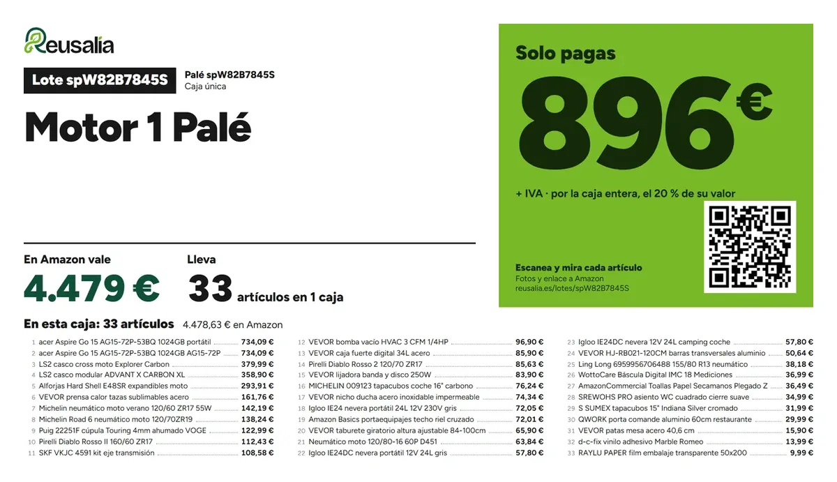 Cartel de un palé de devoluciones de Amazon de Reusalia: lo que vale en Amazon, cuántos artículos lleva, el precio y su listado