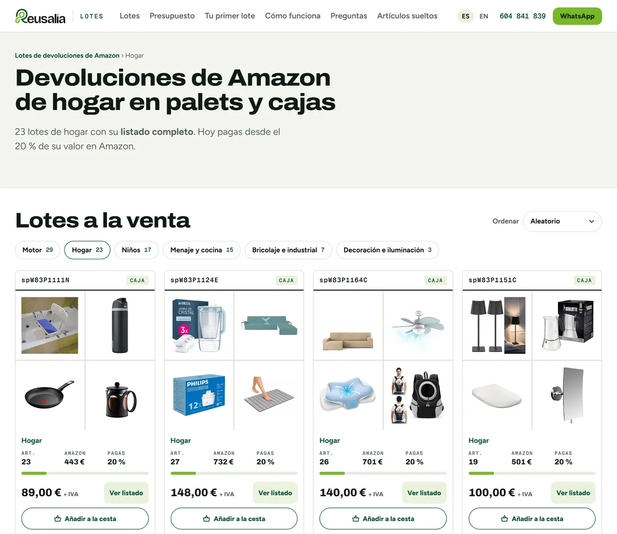 Lotes de devoluciones de Amazon de hogar en reusalia.es: cajas con fotos, valor en Amazon y precio