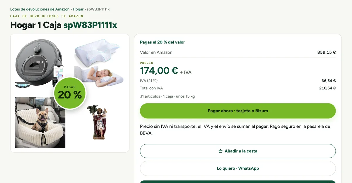 Ficha de una caja de devoluciones de Amazon en reusalia.es: valor en Amazon, precio sin IVA, total con IVA y botón de pagar