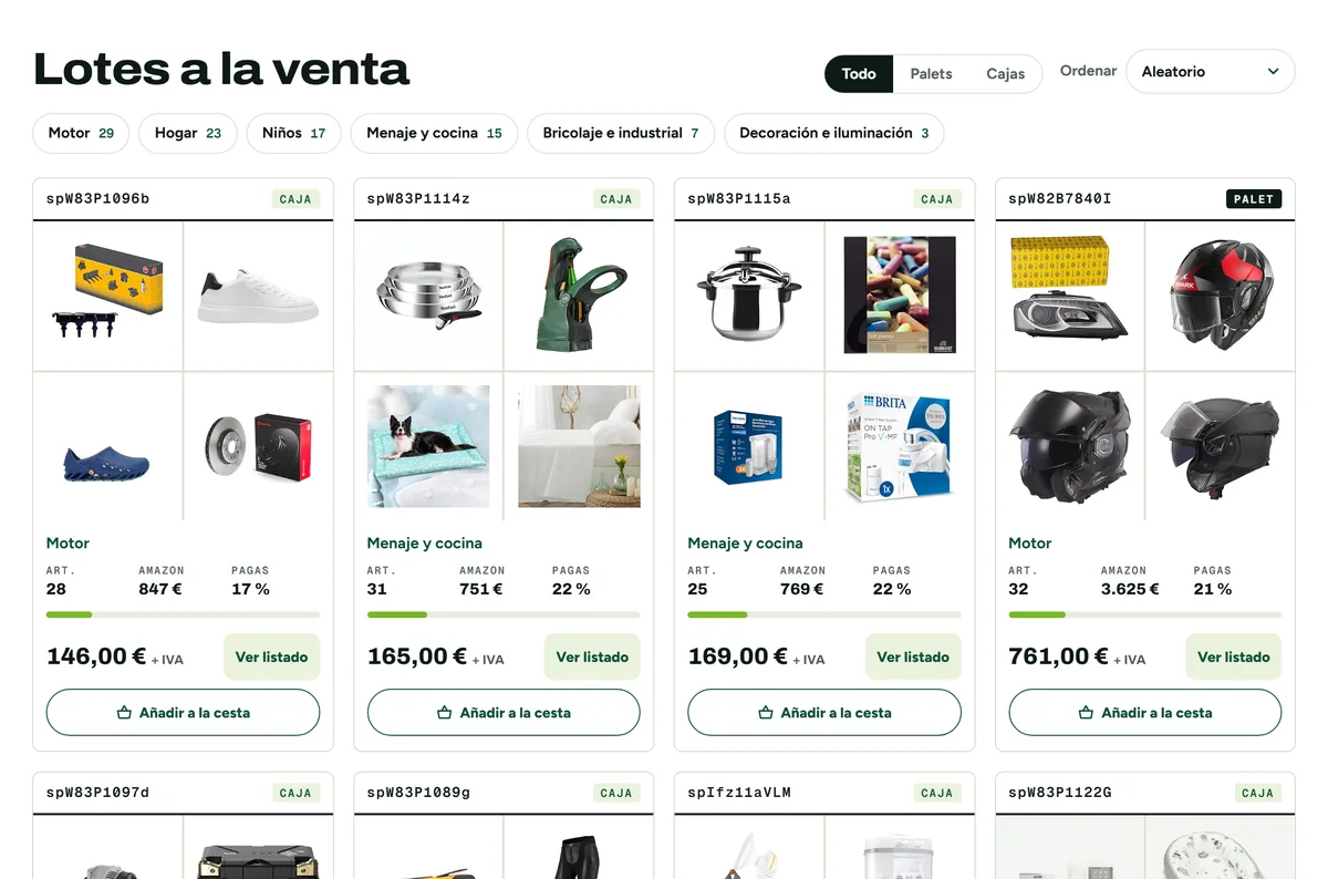 Lotes de devoluciones de Amazon a la venta en reusalia.es: fotos de los productos, artículos, valor en Amazon y precio de cada lote