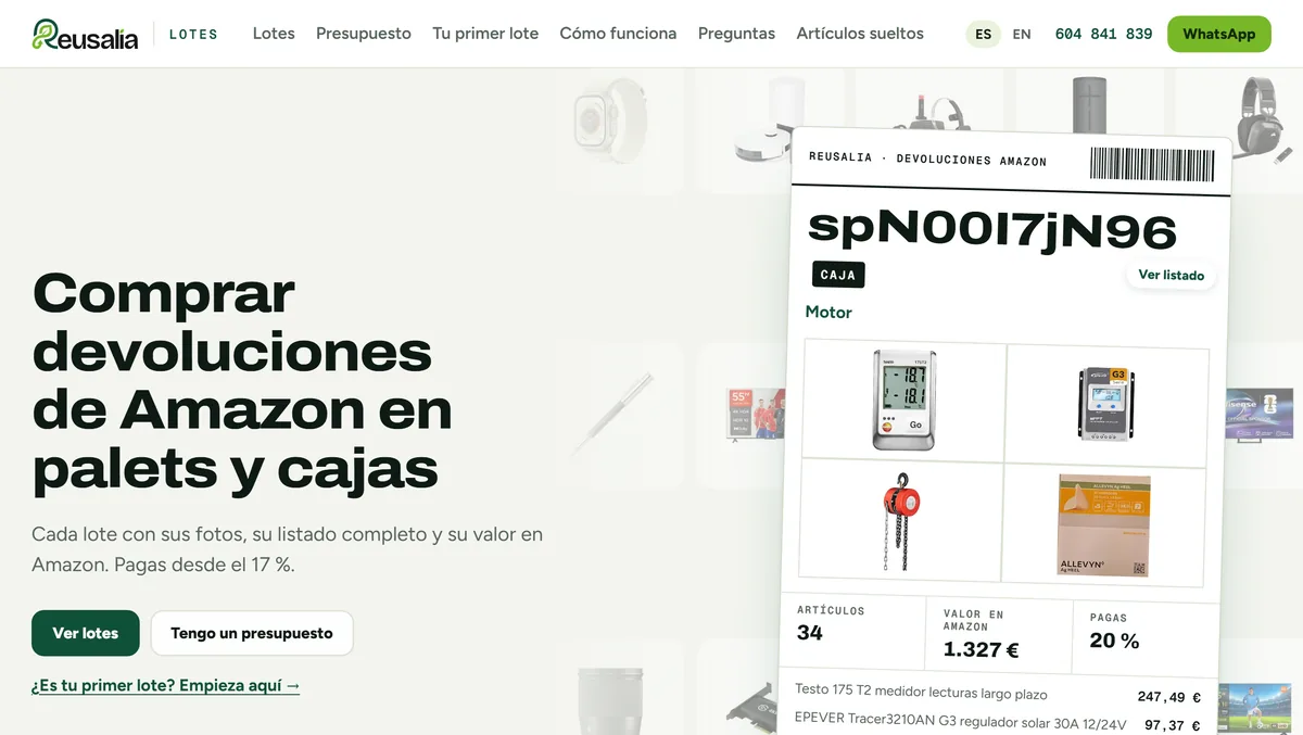 Tienda de lotes de devoluciones de Amazon de Reusalia: palets y cajas con su listado y su valor en Amazon