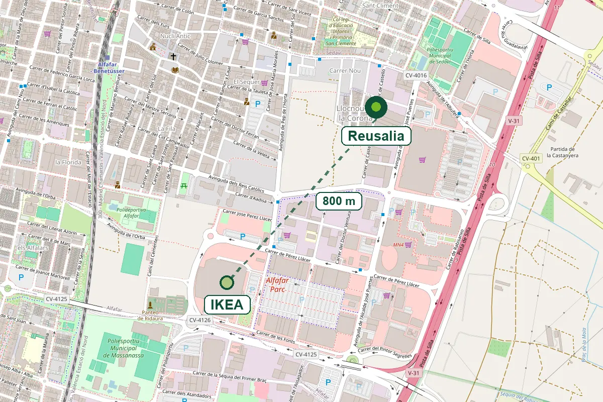 Mapa de Alfafar con la tienda de Reusalia señalada en la calle Castelló, a 800 m del IKEA. Se visita solo con cita previa.